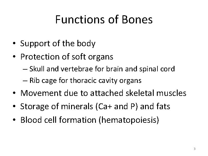 Functions of Bones • Support of the body • Protection of soft organs –