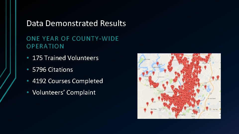 Data Demonstrated Results ONE YEAR OF COUNTY-WIDE OPERATION • 175 Trained Volunteers • 5796