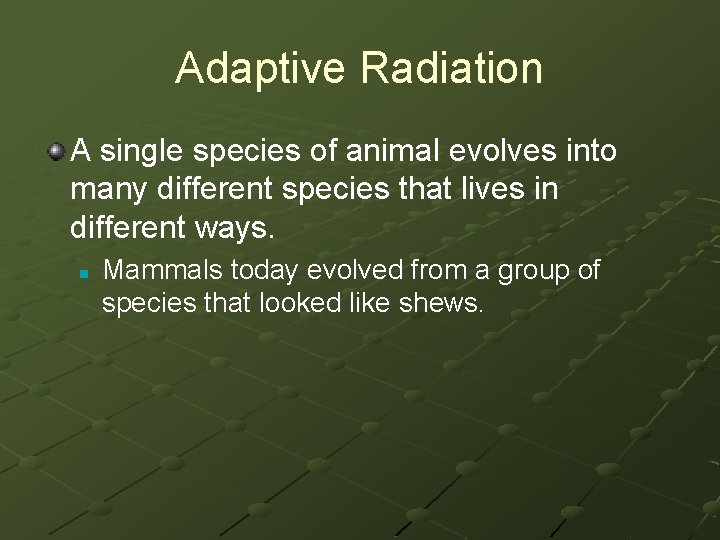 Adaptive Radiation A single species of animal evolves into many different species that lives
