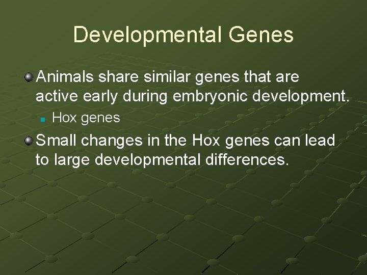 Developmental Genes Animals share similar genes that are active early during embryonic development. n