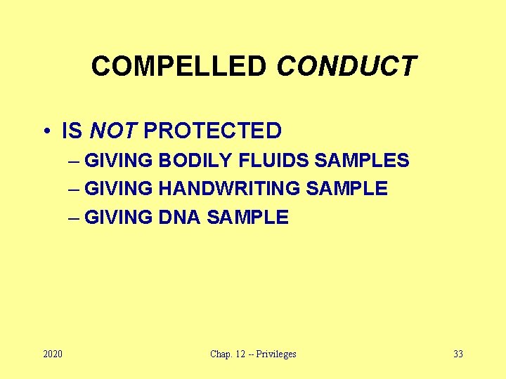 COMPELLED CONDUCT • IS NOT PROTECTED – GIVING BODILY FLUIDS SAMPLES – GIVING HANDWRITING