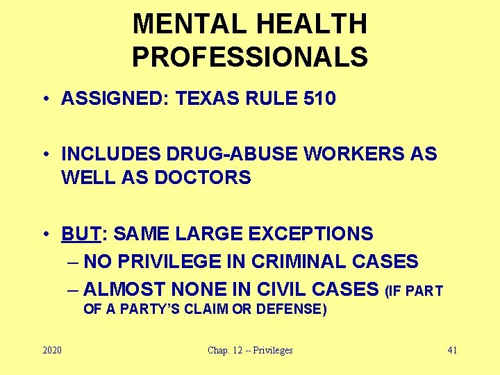 MENTAL HEALTH PROFESSIONALS • ASSIGNED: TEXAS RULE 510 • INCLUDES DRUG-ABUSE WORKERS AS WELL