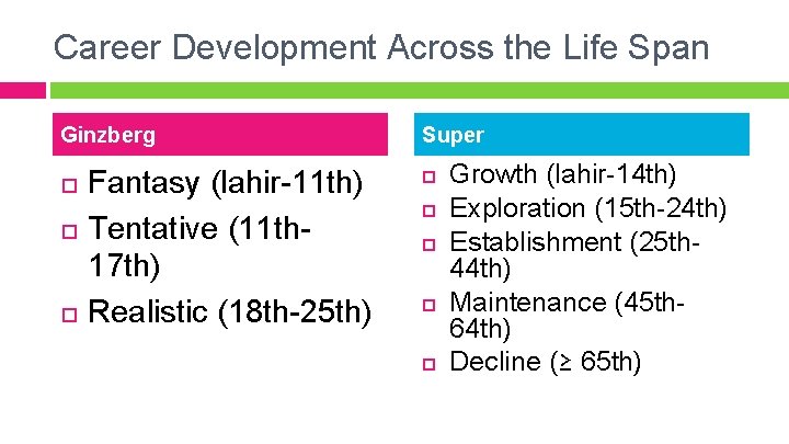 Career Development Across the Life Span Ginzberg Fantasy (lahir-11 th) Tentative (11 th 17