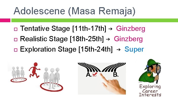 Adolescene (Masa Remaja) Tentative Stage [11 th-17 th] → Ginzberg Realistic Stage [18 th-25