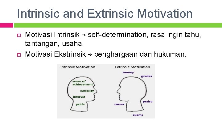 Intrinsic and Extrinsic Motivation Motivasi Intrinsik → self-determination, rasa ingin tahu, tantangan, usaha. Motivasi