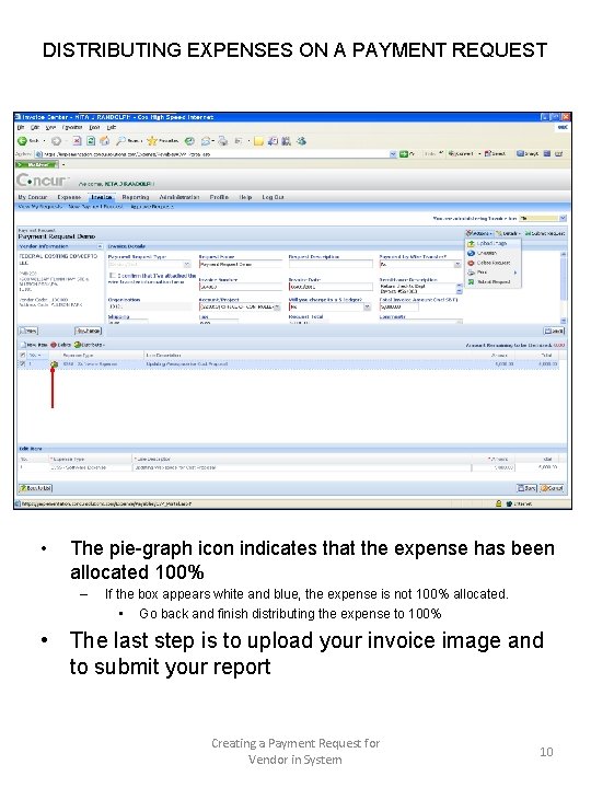 DISTRIBUTING EXPENSES ON A PAYMENT REQUEST • The pie-graph icon indicates that the expense