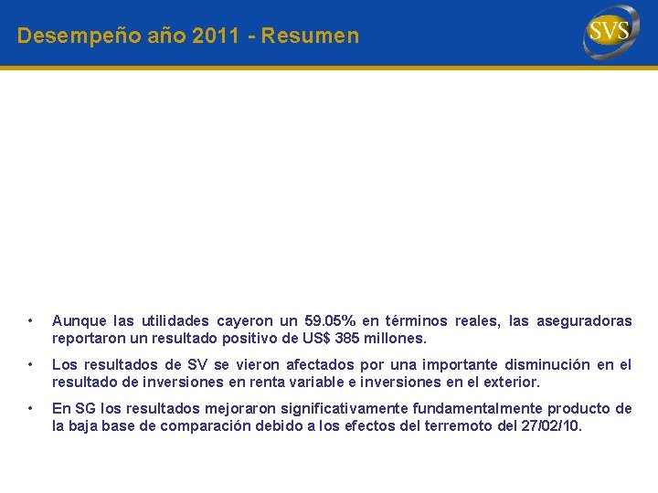 Desempeño año 2011 - Resumen • Aunque las utilidades cayeron un 59. 05% en