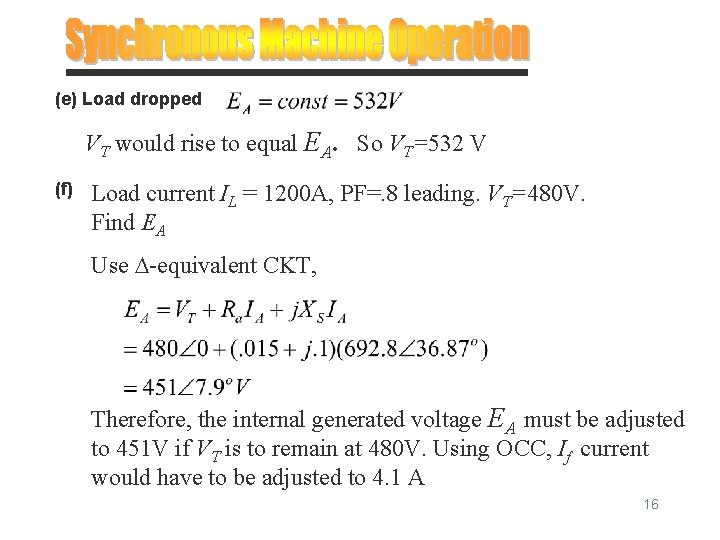 (e) Load dropped VT would rise to equal EA. So VT=532 V (f) Load