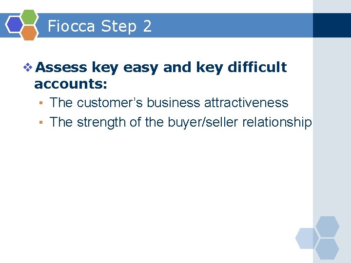 Fiocca Step 2 ❖Assess key easy and key difficult accounts: ▪ The customer’s business