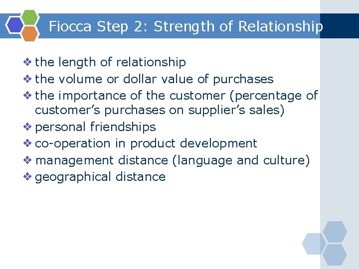 Fiocca Step 2: Strength of Relationship ❖ the length of relationship ❖ the volume