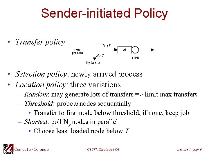 Sender-initiated Policy • Transfer policy • Selection policy: newly arrived process • Location policy: