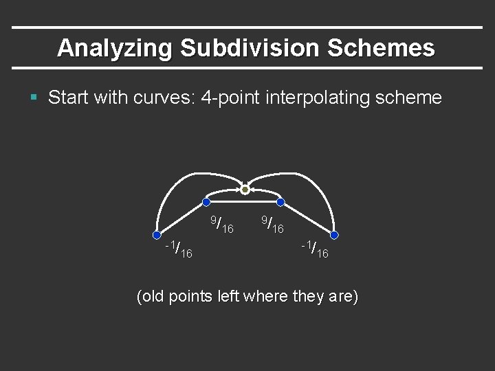 Analyzing Subdivision Schemes § Start with curves: 4 -point interpolating scheme 9/ 16 -1/