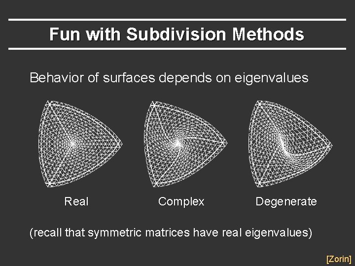 Fun with Subdivision Methods Behavior of surfaces depends on eigenvalues Real Complex Degenerate (recall