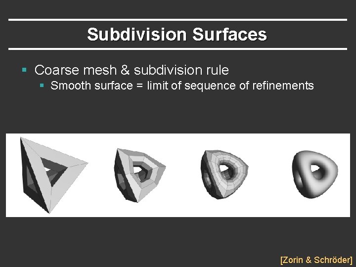 Subdivision Surfaces § Coarse mesh & subdivision rule § Smooth surface = limit of