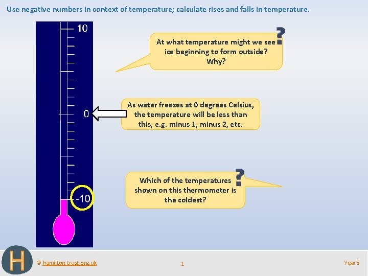 Use negative numbers in context of temperature; calculate rises and falls in temperature. At