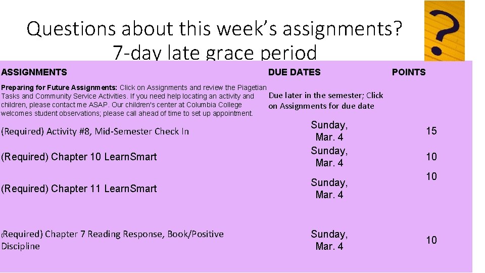 Questions about this week’s assignments? 7 -day late grace period ASSIGNMENTS DUE DATES POINTS