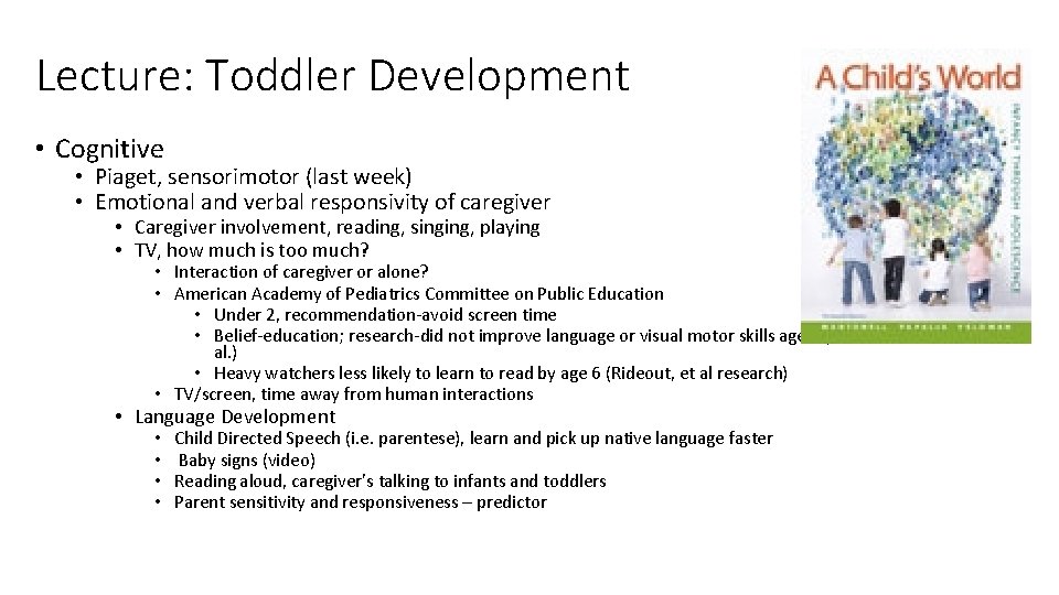Lecture: Toddler Development • Cognitive • Piaget, sensorimotor (last week) • Emotional and verbal