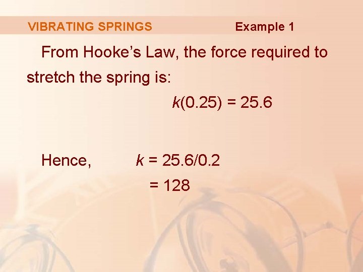 VIBRATING SPRINGS Example 1 From Hooke’s Law, the force required to stretch the spring