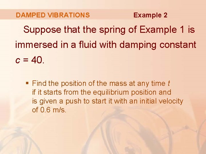 DAMPED VIBRATIONS Example 2 Suppose that the spring of Example 1 is immersed in