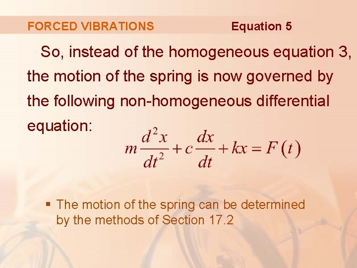 FORCED VIBRATIONS Equation 5 So, instead of the homogeneous equation 3, the motion of