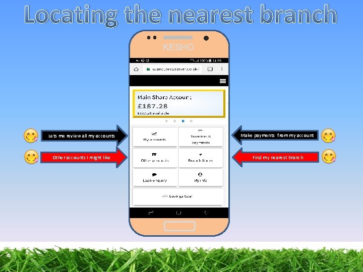 Locating the nearest branch KESHO Lets me review all my accounts Make payments from