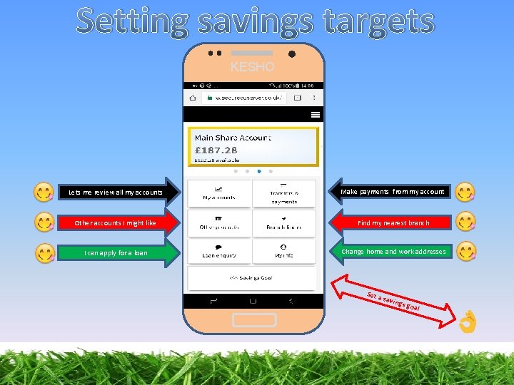 Setting savings targets KESHO Lets me review all my accounts Make payments from my