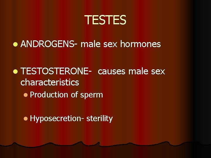 TESTES l ANDROGENS- male sex hormones l TESTOSTERONE- characteristics l Production causes male sex TESTES l ANDROGENS- male sex hormones l TESTOSTERONE- characteristics l Production causes male sex