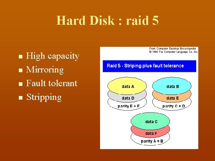 Hard Disk : raid 5 n n High capacity Mirroring Fault tolerant Stripping 