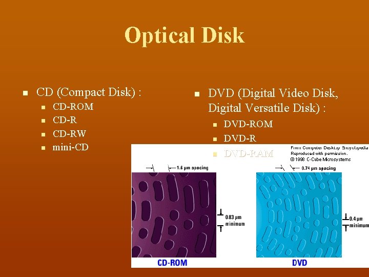 Optical Disk n CD (Compact Disk) : n n CD-ROM CD-RW mini-CD n DVD