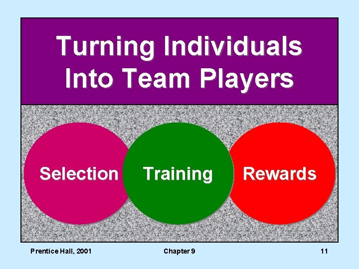 Turning Individuals Into Team Players Selection Prentice Hall, 2001 Training Chapter 9 Rewards 11