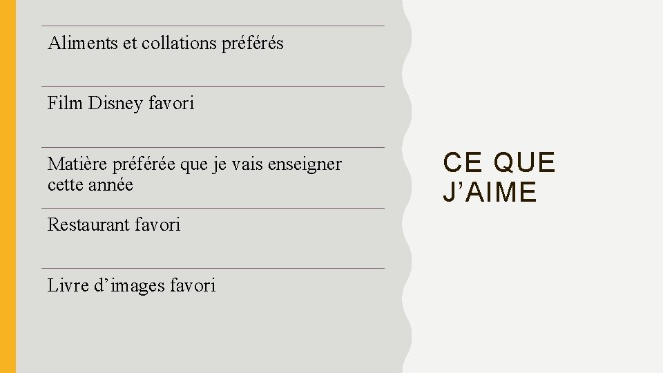 Aliments et collations préférés Film Disney favori Matière préférée que je vais enseigner cette