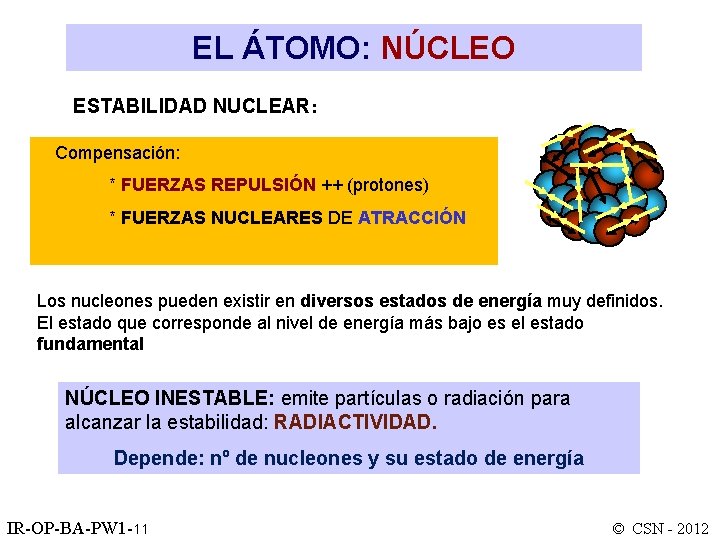 EL ÁTOMO: NÚCLEO ESTABILIDAD NUCLEAR: Compensación: * FUERZAS REPULSIÓN ++ (protones) * FUERZAS NUCLEARES