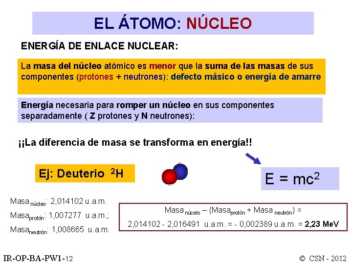 EL ÁTOMO: NÚCLEO ENERGÍA DE ENLACE NUCLEAR: La masa del núcleo atómico es menor