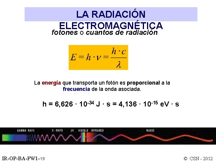 LA RADIACIÓN ELECTROMAGNÉTICA fotones o cuantos de radiación La energía que transporta un fotón