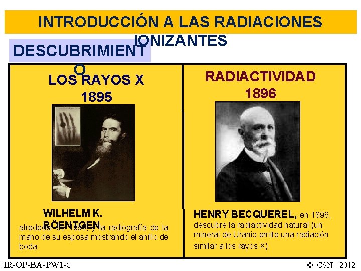 INTRODUCCIÓN A LAS RADIACIONES IONIZANTES DESCUBRIMIENT O RADIACTIVIDAD LOS RAYOS X 1895 WILHELM K.