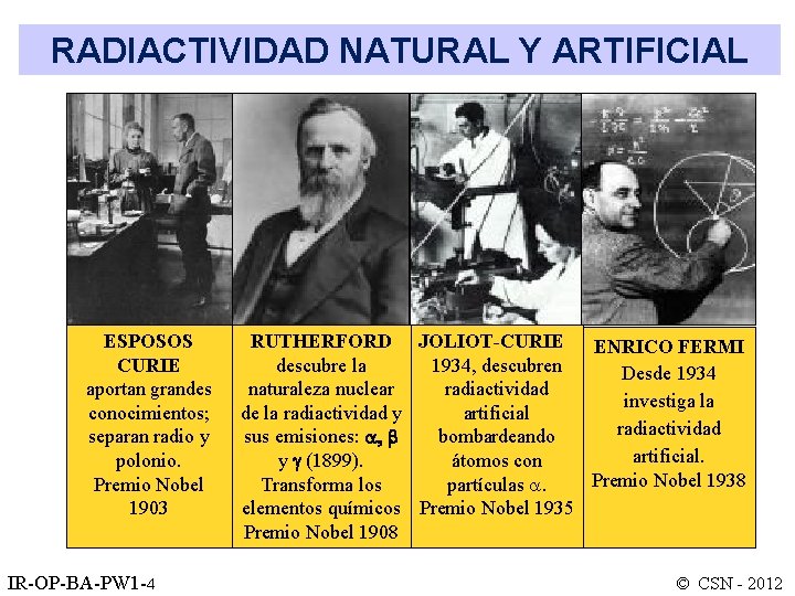 RADIACTIVIDAD NATURAL Y ARTIFICIAL ESPOSOS CURIE aportan grandes conocimientos; separan radio y polonio. Premio