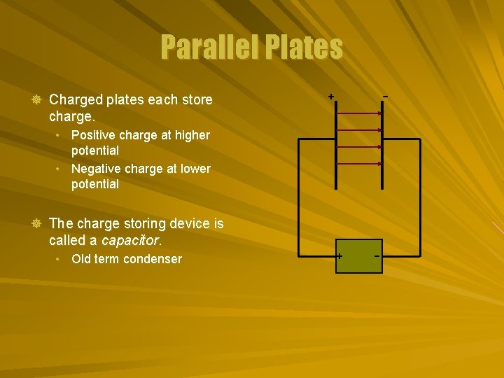 Parallel Plates ] Charged plates each store + - charge. • Positive charge at