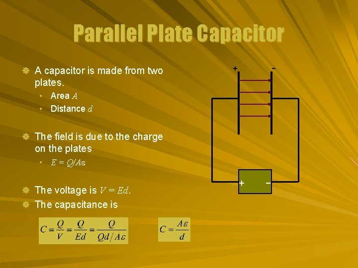 Parallel Plate Capacitor ] A capacitor is made from two + - plates. •