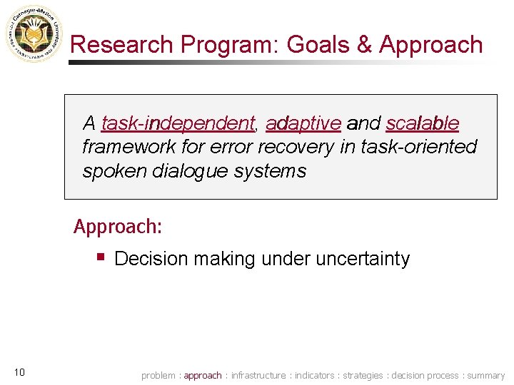 Research Program: Goals & Approach A task-independent, adaptive and scalable framework for error recovery