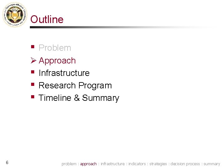 Outline § Problem Ø Approach § Infrastructure § Research Program § Timeline & Summary