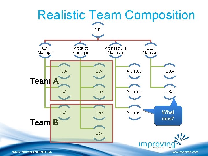 Realistic Team Composition VP QA Manager Product Manager Architecture Manager DBA Manager QA Dev