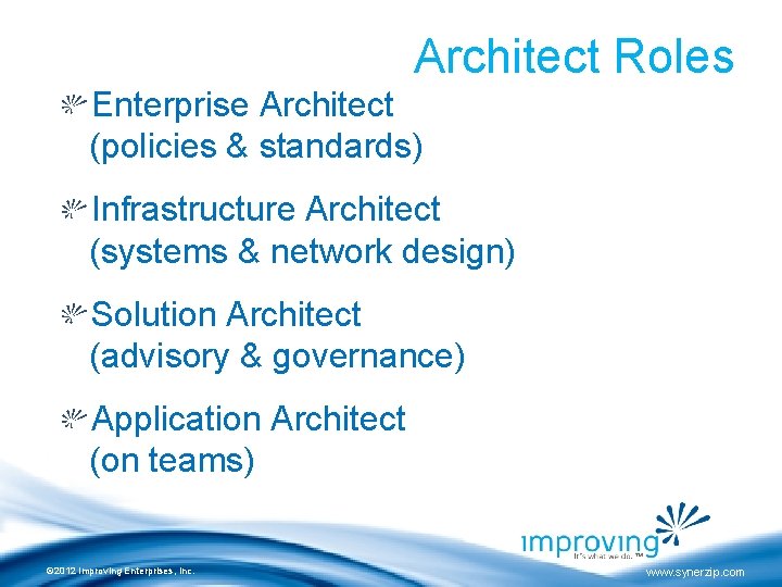 Architect Roles Enterprise Architect (policies & standards) Infrastructure Architect (systems & network design) Solution