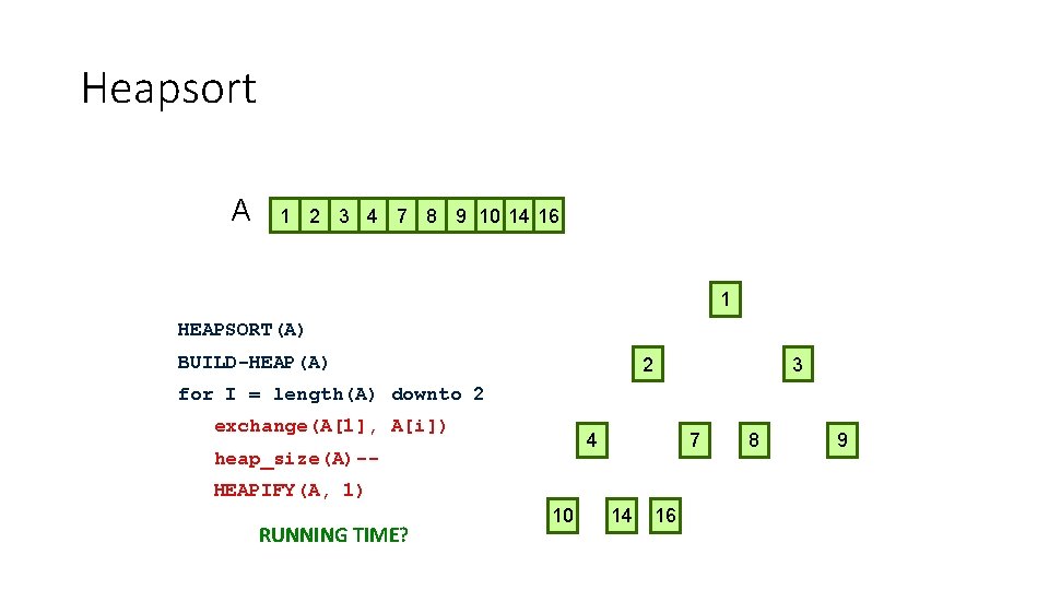 Heapsort A 1 2 3 4 7 8 9 10 14 16 1 1