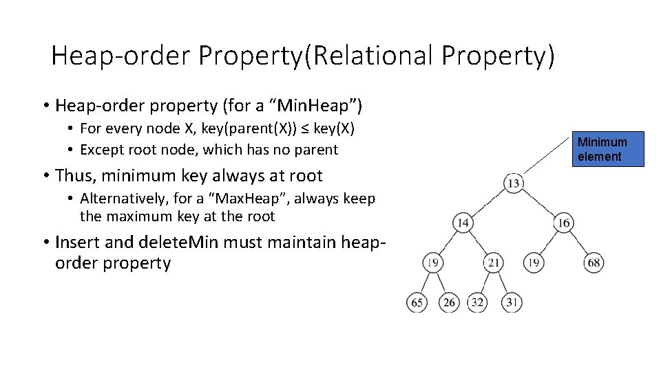 Heap-order Property(Relational Property) • Heap-order property (for a “Min. Heap”) • For every node