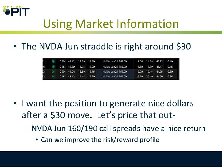 Using Market Information • The NVDA Jun straddle is right around $30 • I