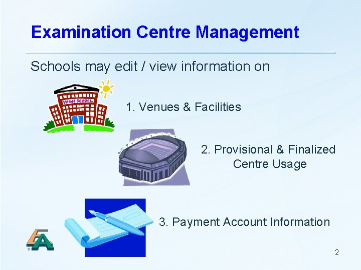 Examination Centre Management Schools may edit / view information on 1. Venues & Facilities