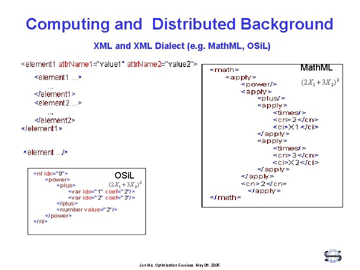 Computing and Distributed Background XML and XML Dialect (e. g. Math. ML, OSi. L)