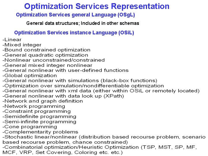 Optimization Services Representation Optimization Services general Language (OSg. L) General data structures; Included in