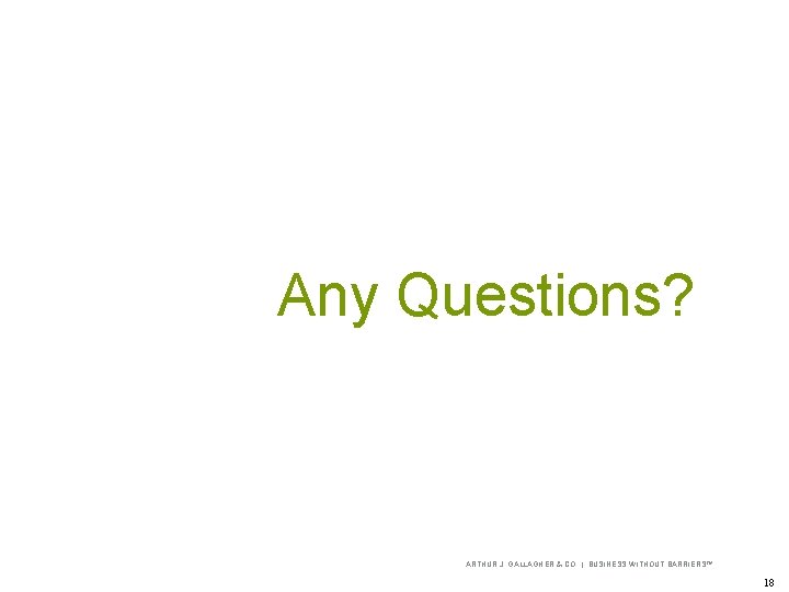 Any Questions? ARTHUR J. GALLAGHER & CO. | BUSINESS WITHOUT BARRIERS™ 18 