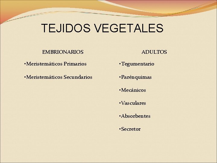 TEJIDOS VEGETALES EMBRIONARIOS ADULTOS • Meristemáticos Primarios • Tegumentario • Meristemáticos Secundarios • Parénquimas